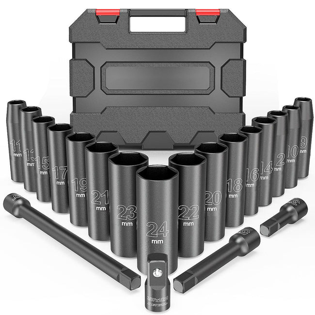 20pcs 1/2" Universal Drive Metric Impact Socket Set - Golonzo -                                                                             