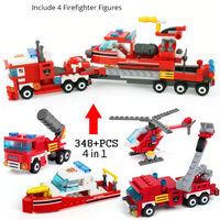 348pcs Fire Fighting Building Blocks Set - 4in1 Trucks Car Helicopter Boat Building Blocks - Golonzo -                                                                             