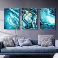 3 Panels Nordic Wall Art Canvas Painting Abstract Sea Blue Golden - Golonzo -                                                                             