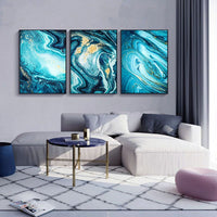 3 Panels Nordic Wall Art Canvas Painting Abstract Sea Blue Golden - Golonzo -                                                                             