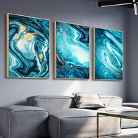 3 Panels Nordic Wall Art Canvas Painting Abstract Sea Blue Golden - Golonzo -                                                                             