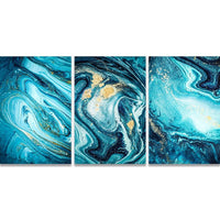 3 Panels Nordic Wall Art Canvas Painting Abstract Sea Blue Golden - Golonzo -                                                                             