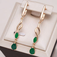 585 Rose Gold Long Vintage Green Natural Zircon Waves Long Drop Earring - Golonzo -                                                                             