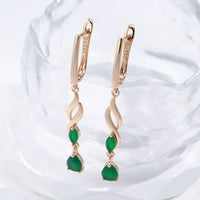585 Rose Gold Long Vintage Green Natural Zircon Waves Long Drop Earring - Golonzo -                                                                             