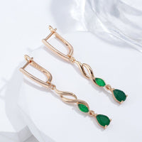 585 Rose Gold Long Vintage Green Natural Zircon Waves Long Drop Earring - Golonzo -                                                                             