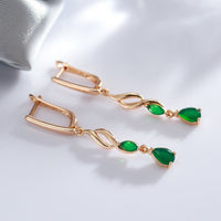 585 Rose Gold Long Vintage Green Natural Zircon Waves Long Drop Earring - Golonzo -                                                                             