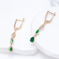 585 Rose Gold Long Vintage Green Natural Zircon Waves Long Drop Earring - Golonzo -                                                                             