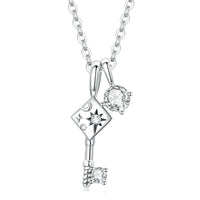 925 Sterling Silver Shiny Cubic Zircon Pendant Delicate Key & Lock Necklace - Golonzo -                                                                             