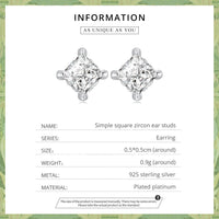 925 Sterling Silver Simple Square Zircon Stud Earrings - Golonzo -                                                                             