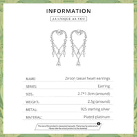 925 Sterling Silver Tassel Heart Drop Earrings - Shining Zircon Luxury Earrings - Golonzo -                                                                             