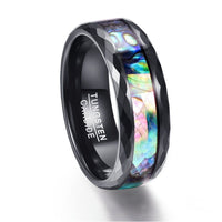 Abalone Shell & Polished Black Faceted Tungsten Carbide Rings Wedding Bands - Golonzo -                                                                             