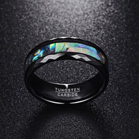 Abalone Shell & Polished Black Faceted Tungsten Carbide Rings Wedding Bands - Golonzo -                                                                             