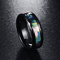 Abalone Shell & Polished Black Faceted Tungsten Carbide Rings Wedding Bands - Golonzo -                                                                             