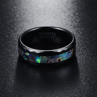 Abalone Shell & Polished Black Faceted Tungsten Carbide Rings Wedding Bands - Golonzo -                                                                             