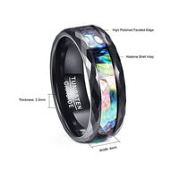 Abalone Shell & Polished Black Faceted Tungsten Carbide Rings Wedding Bands - Golonzo -                                                                             
