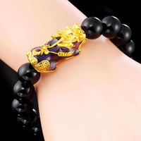 Black Obsidian Beads Bracelet With Pixiu Dragon Charm - Golonzo -                                                                             