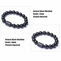 Black Obsidian Natural Stone Couple Bracelets For Men And Women Dragon Phoenix Totem Engrave - Golonzo -                                                                             