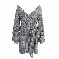 Deep V Neck Long Sleeve Plaid Dresses - Golonzo -                                                                             