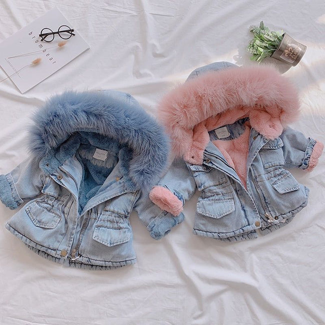 Babies/Toddlers Oversized Denim Fur Hooded Winter Coat Jacket - Golonzo -                                                                             