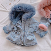 Babies/Toddlers Oversized Denim Fur Hooded Winter Coat Jacket - Golonzo -                                                                             