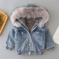 Babies/Toddlers Oversized Denim Fur Hooded Winter Coat Jacket - Golonzo -                                                                             