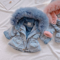 Babies/Toddlers Oversized Denim Fur Hooded Winter Coat Jacket - Golonzo -                                                                             