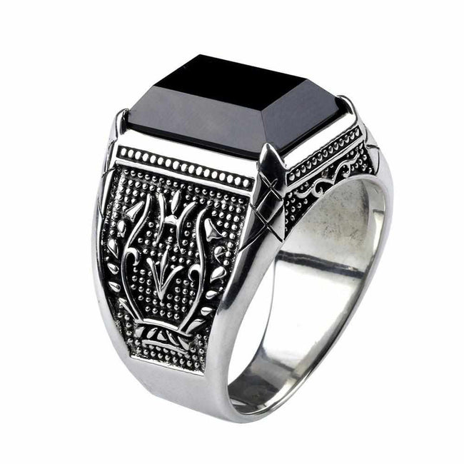 Vintage Pure 925 Sterling Silver Black Obsidian Natural Stone Rings - Golonzo -                                         ring                                    