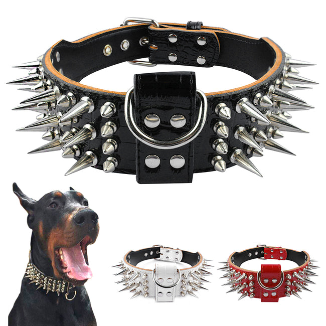 New Wide Luxurious Leather Dog Collar Sharp Spike for Medium and Large Breeds-Pet Collars & Harnesses-Golonzo