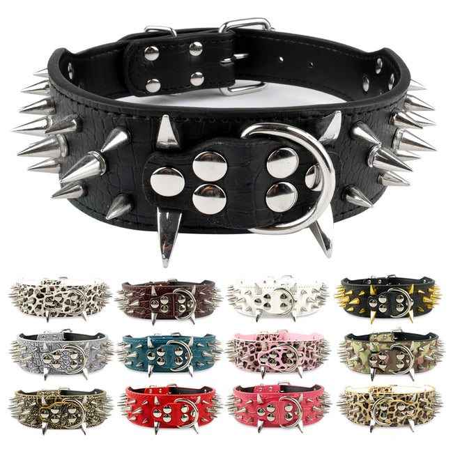 Wide Luxurious Leather Dog Collar Sharp Spike for Medium and Large Breeds-Pet Collars & Harnesses-Golonzo