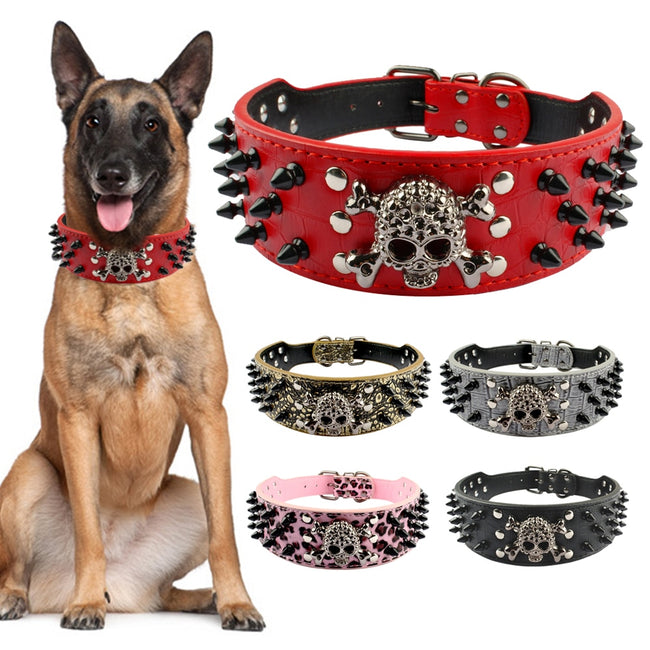 Skull Spiked Studded Leather Dog Collar-collar and harness-Golonzo