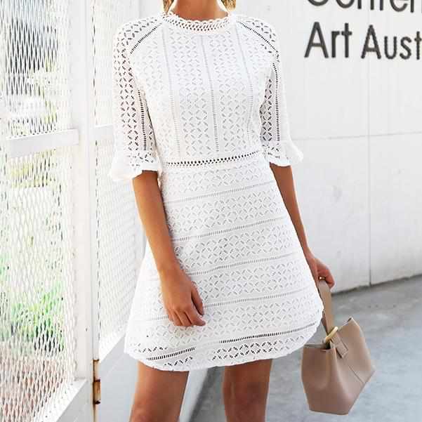 Elegant Half sleeve hollow out lace dress-Dresses-Golonzo