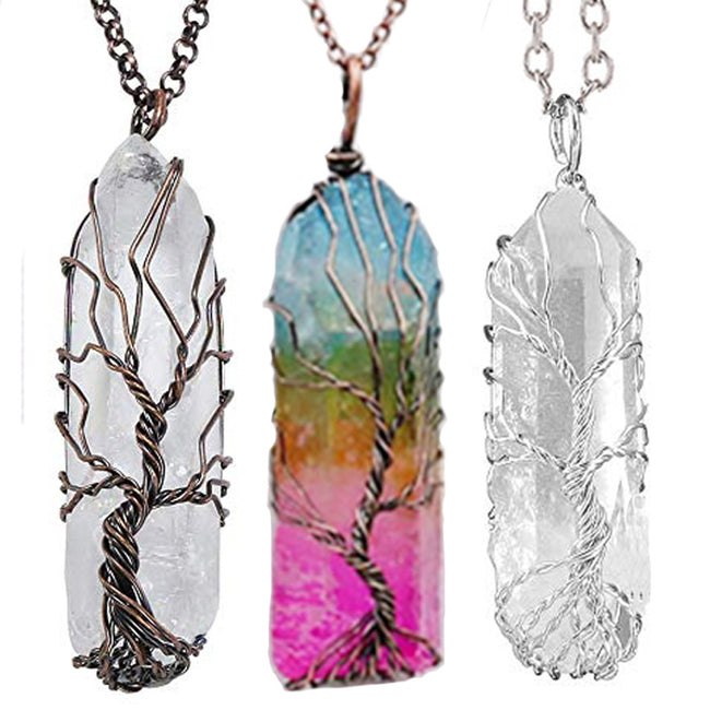 Natural/Rainbow Crystal Quartz TREE OF LIFE Chakra Neklaces-Necklaces-Golonzo