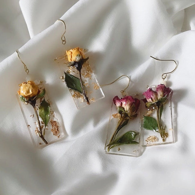 Natural Rose Earrings Vintage Gold Foil Pearl Long Earrings Epoxy Eternal Flower Earrings-Earrings-Golonzo