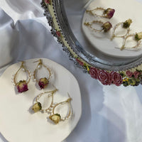 Natural Rose Earrings Vintage Gold Foil Pearl Long Earrings Epoxy Eternal Flower Earrings-Earrings-Golonzo