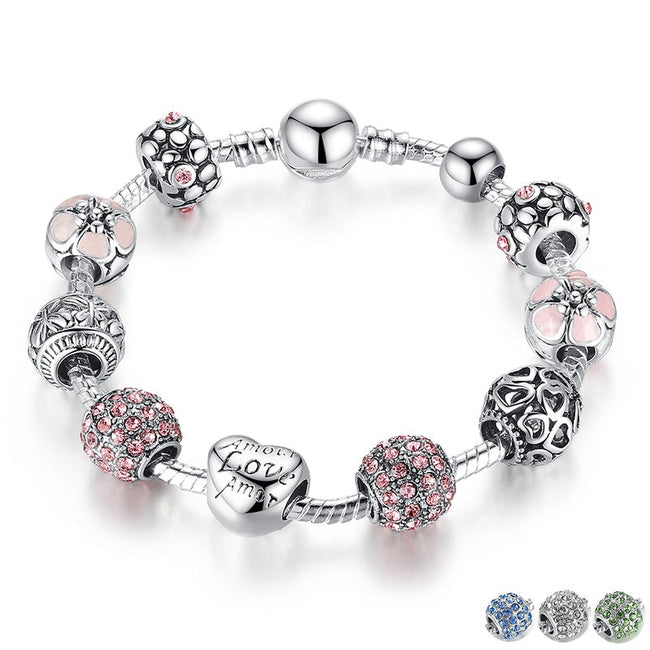 Silver Plated Charm Bracelet & Bangle with Love and Flower Beads-Bracelets-Golonzo