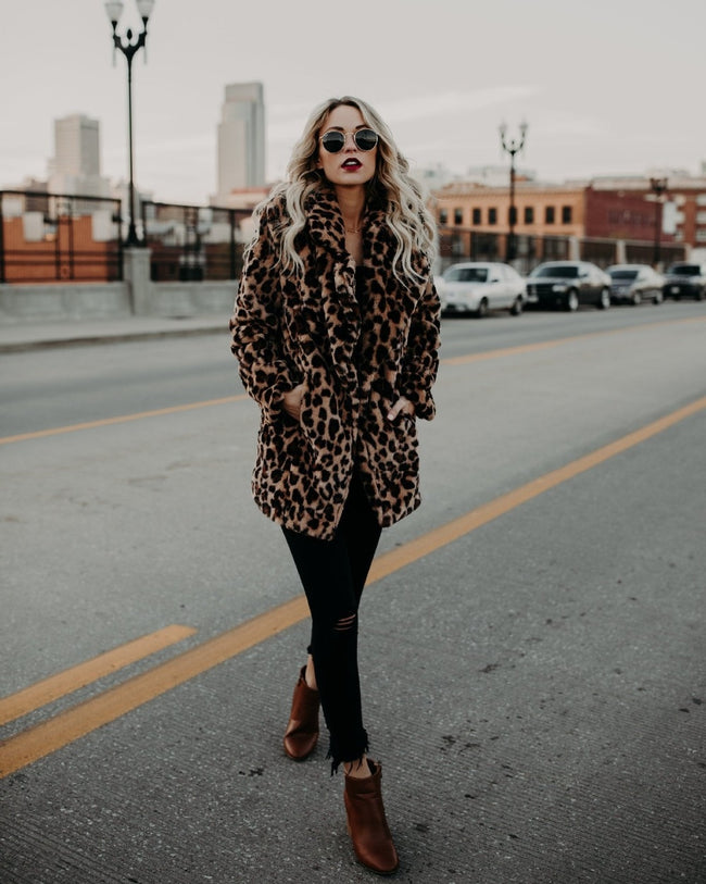 Leopard Print Faux Fur Coat - Women Jacket-Coats and Jackets-Golonzo