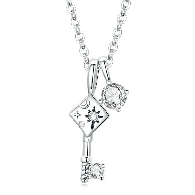 925 Sterling Silver Shiny Cubic Zircon Pendant Delicate Key & Lock Necklace-Necklaces-Golonzo