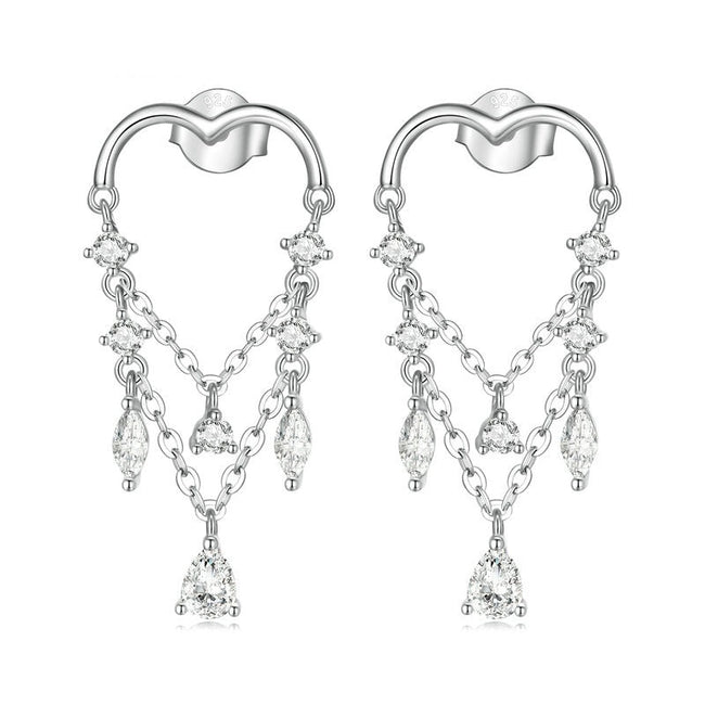 925 Sterling Silver Tassel Heart Drop Earrings - Shining Zircon Luxury Earrings-Earrings-Golonzo