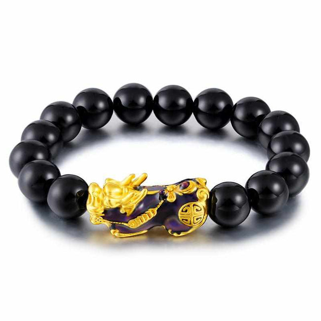 Black Obsidian Beads Bracelet With Pixiu Dragon Charm-Bracelet-Golonzo
