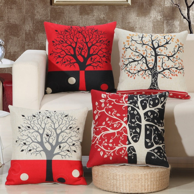 Black Red Tree Pattern Cotton Linen Throw Pillow Cushion Cover-Pillow Case and Shams-Golonzo