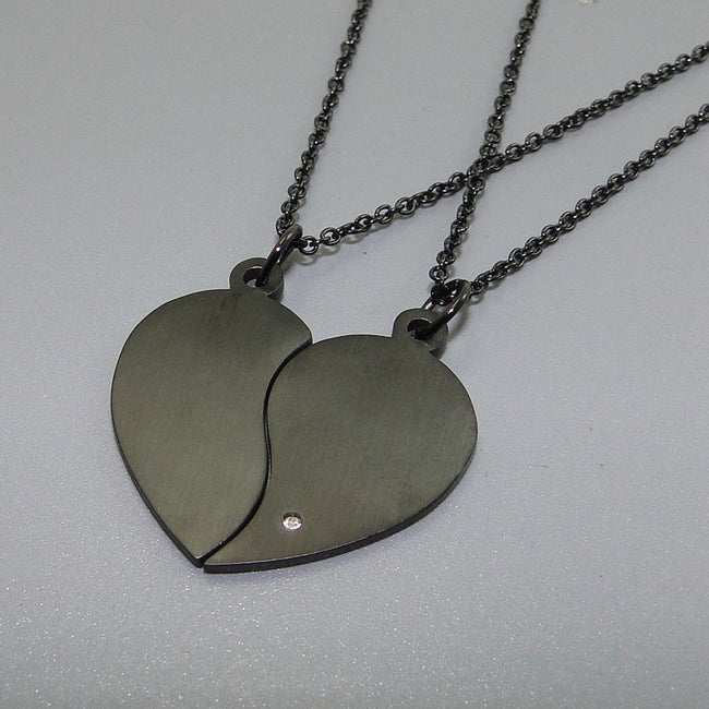 Stainless Steel Two Halves Heart Necklace Simple Black Choker Heart Pendant Fashion Chain Couple-Pendant Necklaces-Golonzo