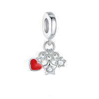 Sterling Silver Star and Red Enamel Heart Dangle Charms Bracelet Bead-Charms & Pendants-Golonzo