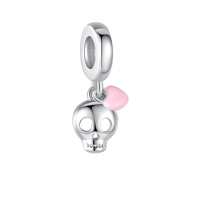 Sterling Silver Metal Skull and Pink Enamel Heart Charm Bracelet Bead-Home-Golonzo