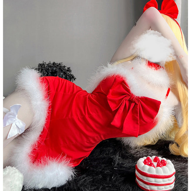 Christmas Lady Santa Claus Costume - Off Shoulder Lingeries Backless Dresses-Costumes-Golonzo