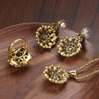 Jewelry Sets - Antique Gold Crystal Flower Ring, Stud Earring, Necklace for Women-Jewelry Sets-Golonzo
