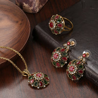 Jewelry Sets - Antique Gold Crystal Flower Ring, Stud Earring, Necklace for Women-Jewelry Sets-Golonzo