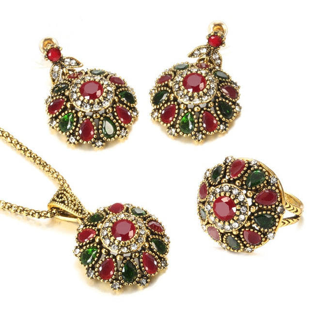 Jewelry Sets - Antique Gold Crystal Flower Ring, Stud Earring, Necklace for Women-Jewelry Sets-Golonzo