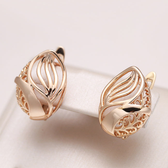 585 Rose Gold Glossy Dangle Flower Earrings-Earrings-Golonzo