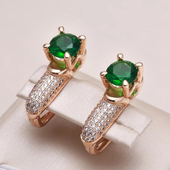 585 Rose Gold Emerald Round Cut Zircon Drop Earrings-Earrings-Golonzo