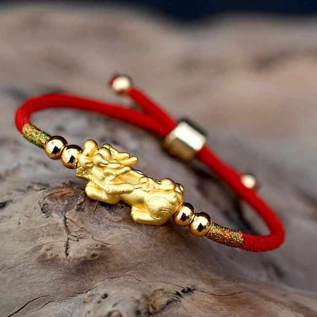 Lucky Red Rope 999 Sterling Silver Gold Color Pixiu Charm Bracelet-Bracelet-Golonzo